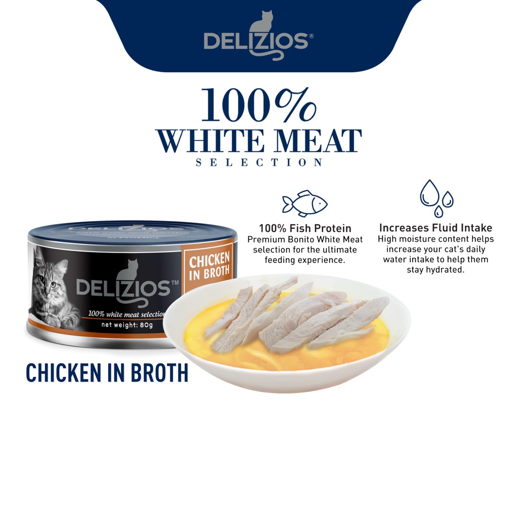 Delizios Wet Cat Food 100 White Meat Chicken in Broth 80G