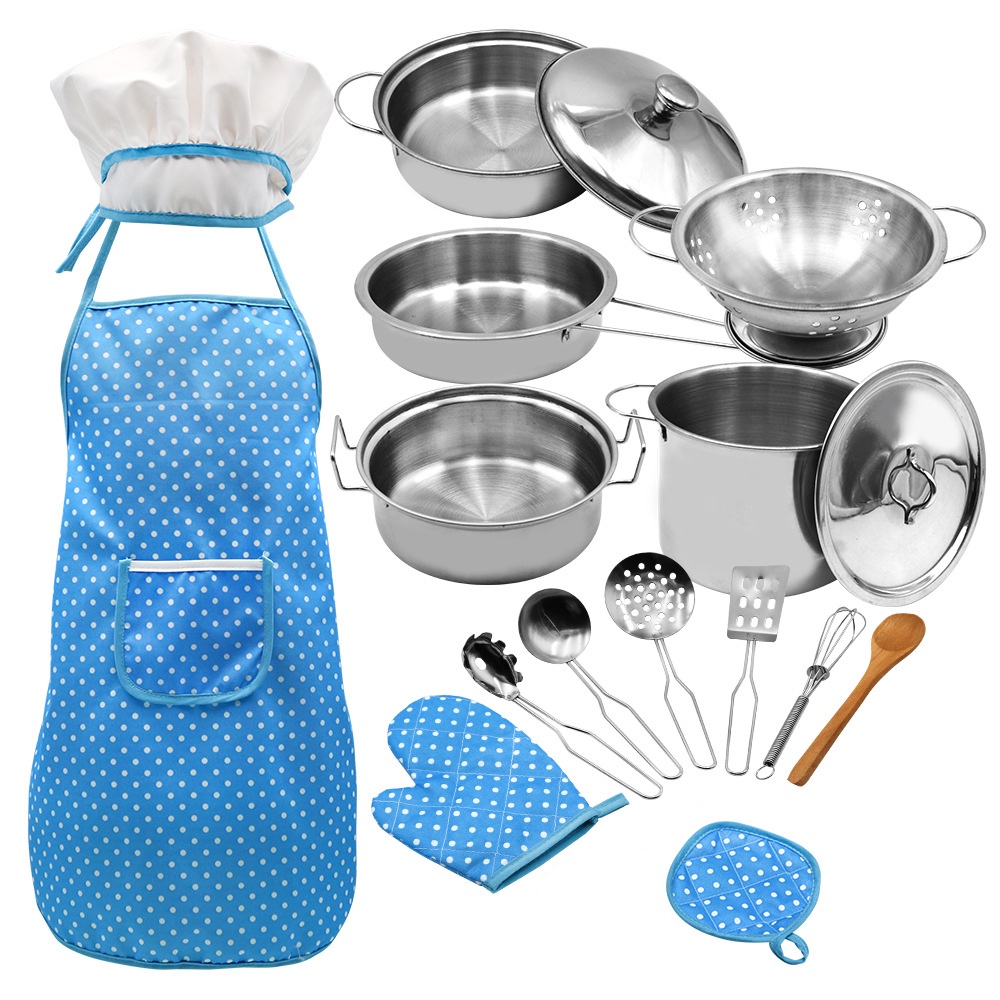 35 Pcs Kitchen Pretend Play Accessories Toys,Cooking Set with Stainless  Steel Cookware Pots and Pans Set,Cooking Utensils,Apron,Chef Hat,and  Cutting