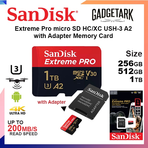 Sandisk Extreme Pro 32GB / 64GB / 128GB / 256GB SDHC SDXC A1 A2 200MB/s  microSD UHS-I