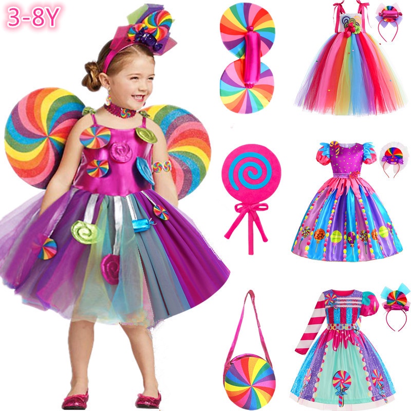 Sweet Lollipop Candy Kids Dress Carnival Party Little Girl Birthday Costume  Fancy Rainbow Tutu Children Wedding Clothes