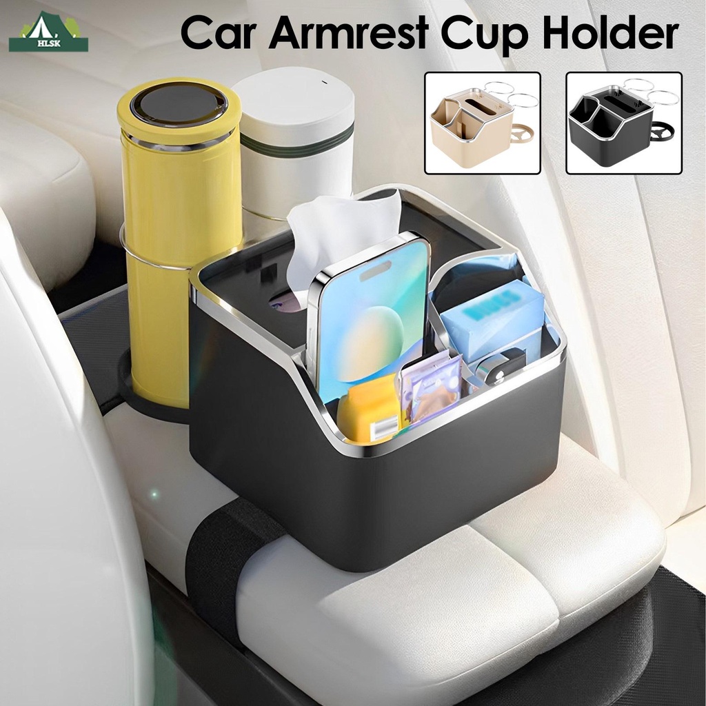 Car Armrest with Cup Holder Storage Box ,Multifunctional Car Seat  Organizer, Car Center Console Foldable Storage Box for Water Cup Paper  Towels Cellphones Keys(Beige) 