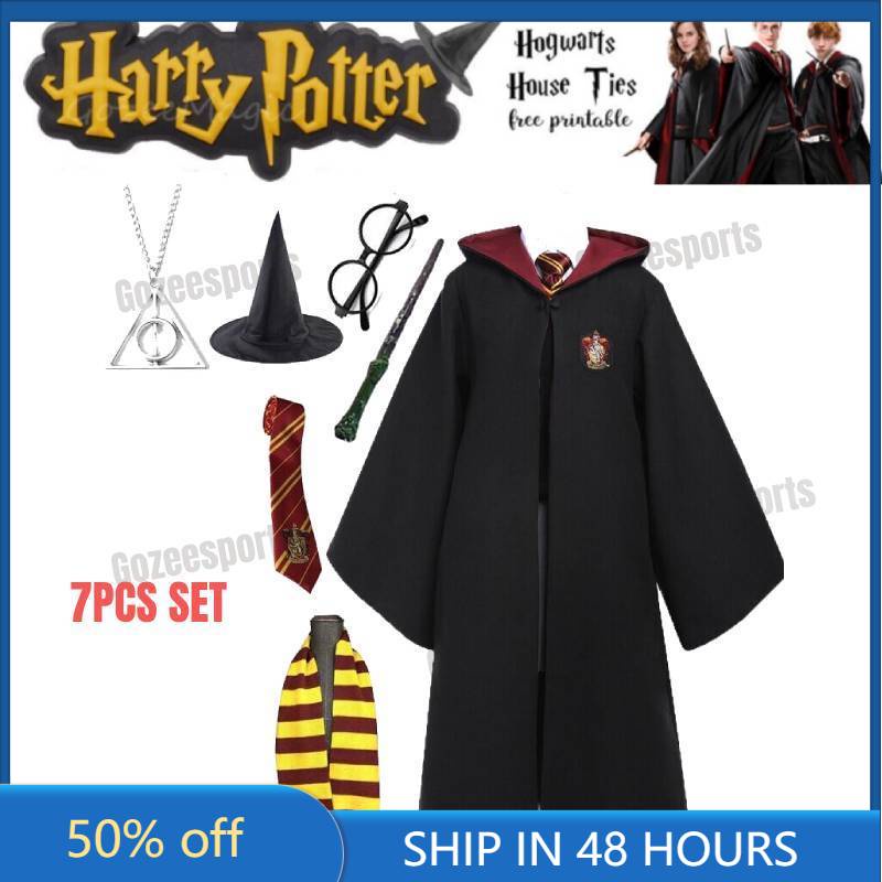 Unisex Harry Potter Costume Gryffindor Robe Halloween Adult Kids Cosplay  Magic With Tie Scarf Wand Glasses cloak Hermione Gryffindor Slytherin  Hufflepuff Ravenclaw Suit with Badge