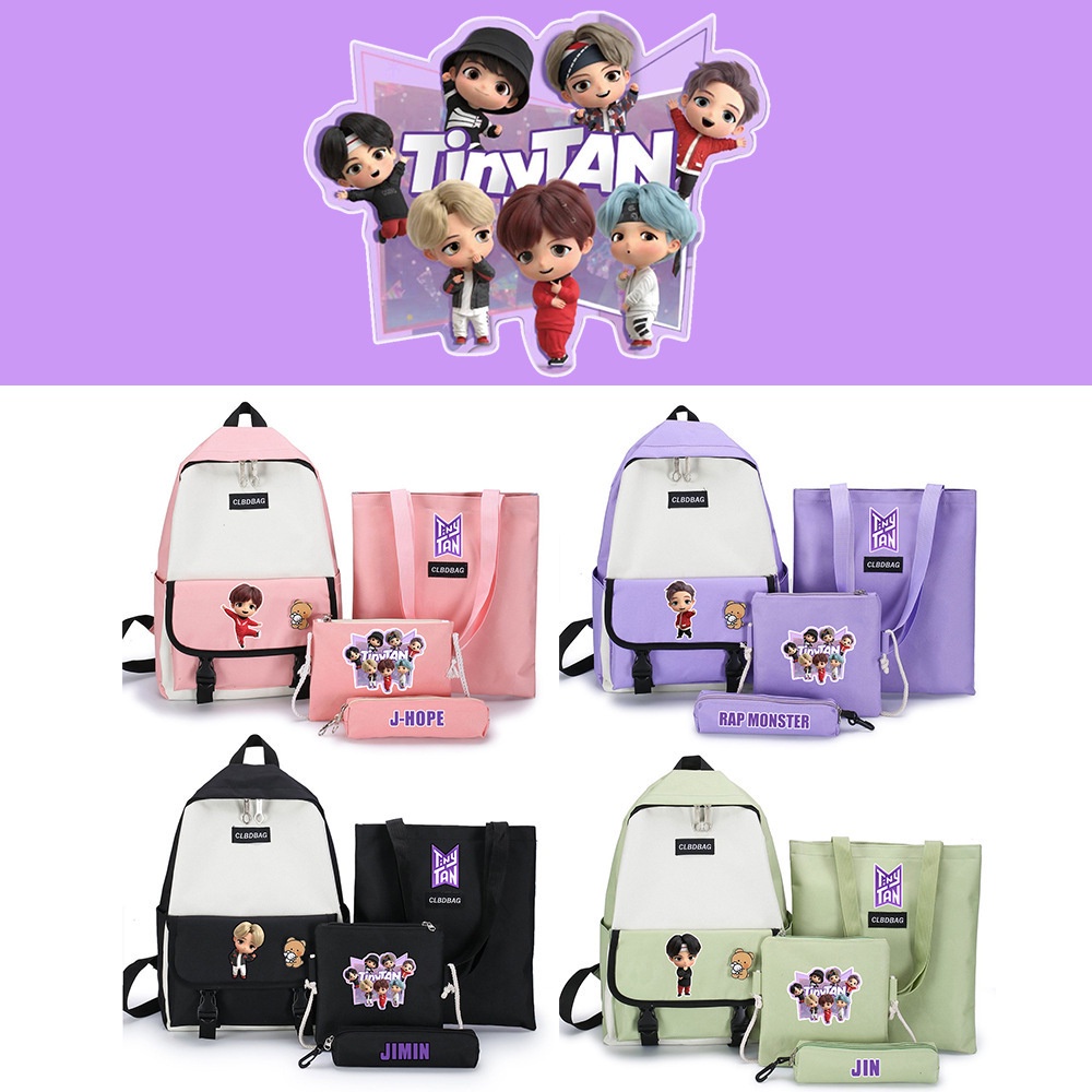 4pcs BTS Backpack Set Cute Cartoon Tinytan Women Students Canvas