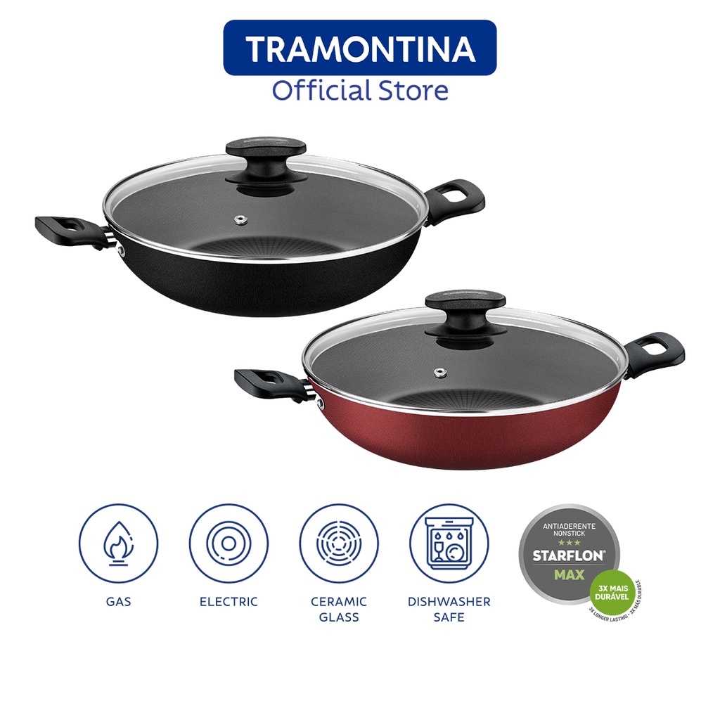 TRAMONTINA | Nonstick Wok Pan with Lid | Deep Frying Pan, Starflon Max,  PFOA Free, Frying pan with tempered glass, Non stick frying pans, Heat