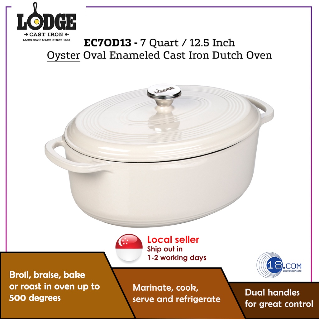 Lodge EC7OD13 Enameled Cast Iron Oval Dutch Oven, 7-Quart,  Oyster White: Home & Kitchen