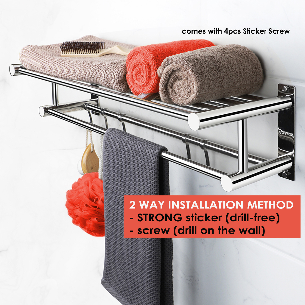 SG-Seller) Bathroom Towel Rack Shelves - SUS304 Stainless Steel with Double  Towel Bar u0026 Hook, Towel Hanger | Shopee Singapore