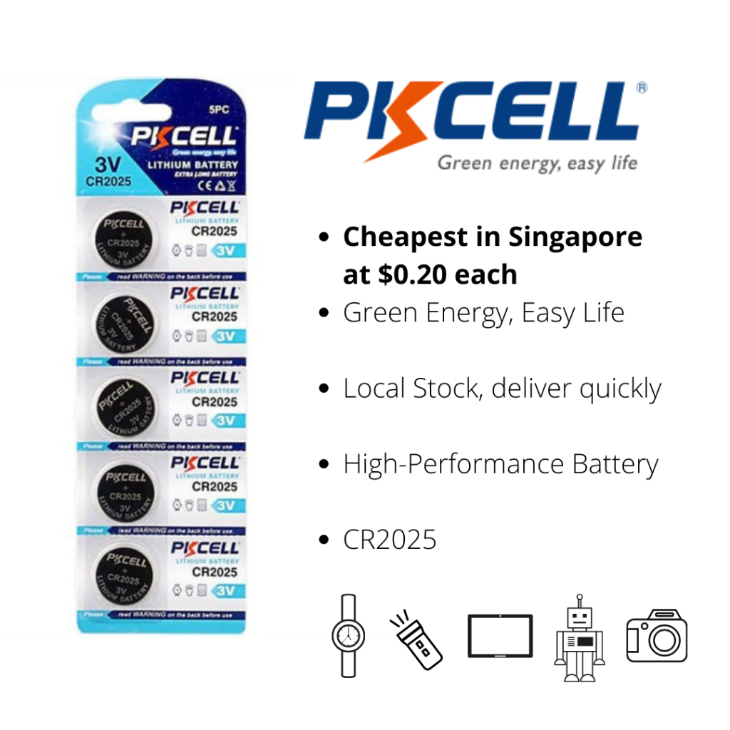 PKCELL CR2025 Coin Cell 3.0V Lithium Battery 5-Pack