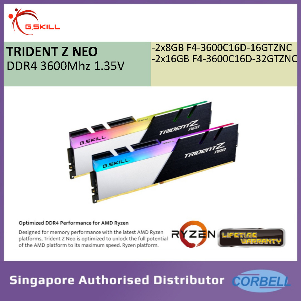 G.Skill Trident Z Neo 3600mhz DDR4 ram 1.35v Dual Channel (2x8gb