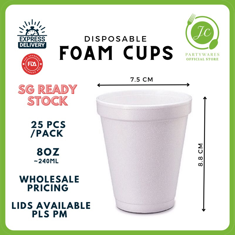 ✓SG READY STOCK - Disposable 8oz Styrofoam Cup / 8oz foam cup / Foam cup /  LID /25pcs/pkt