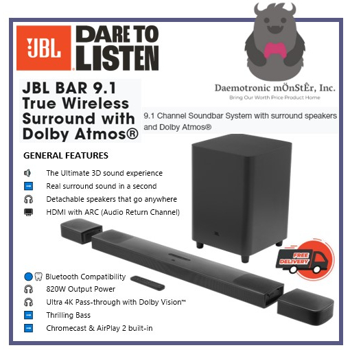 Bar 9.1 True Wireless Surround  9.1 Channel Soundbar System with surround  speakers and Dolby Atmos®