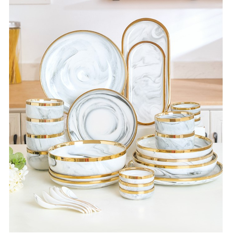 SG Seller Ceramic Marble Plate Bowl Spoon Set Dinnerware Set