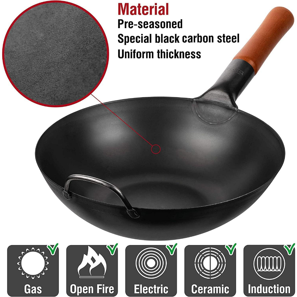 YOSUKATA Carbon Steel Wok Pan – 11,8 “ Woks and Stir Fry Pans - Chinese Wok with Flat Bottom Pow Wok - Traditional Chinese Japanese Woks - Black Wok