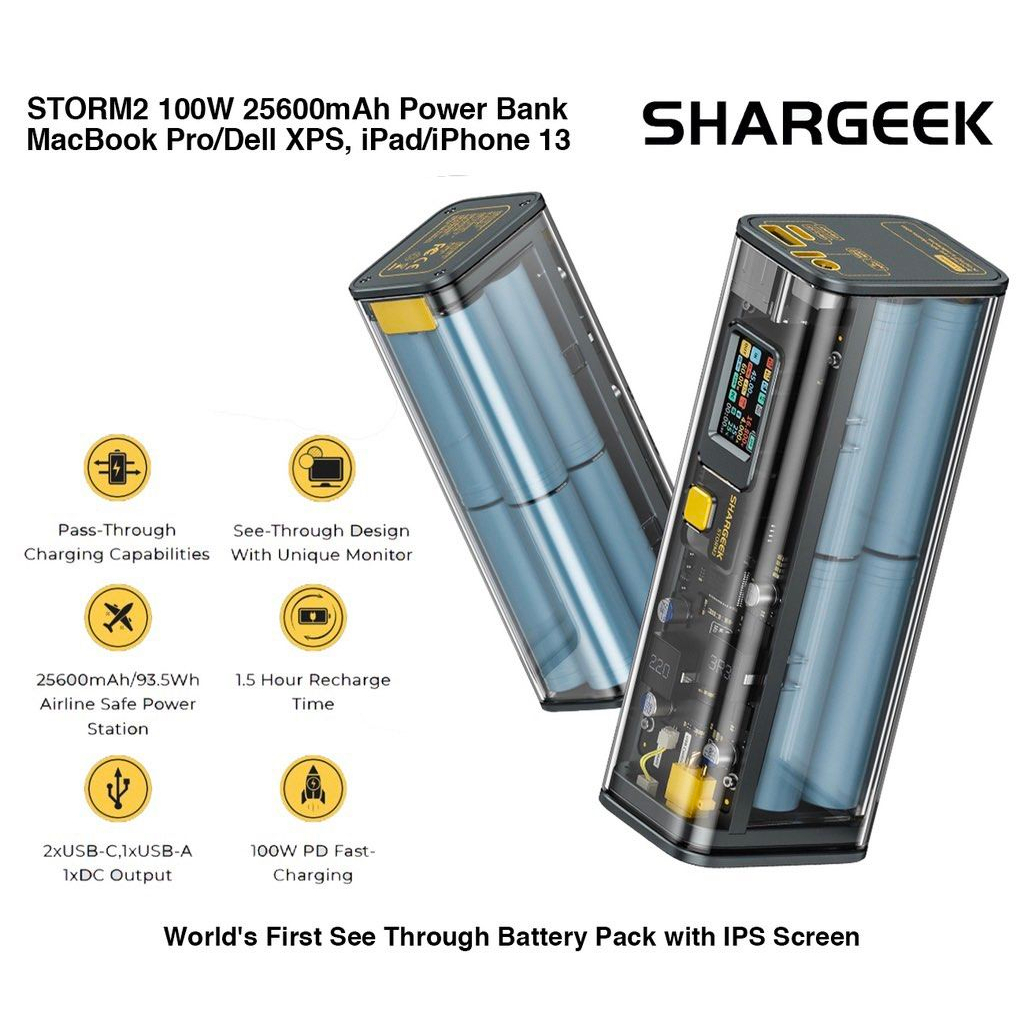 Shargeek Portable Charger, Storm 2 100W 25600mAh Laptop Power Bank, Worlds  First See Through Battery Pack with IPS Screen, DC & 2 USB C & USB Ports  for MacBook Pro/Dell XPS, iPad/iPhone