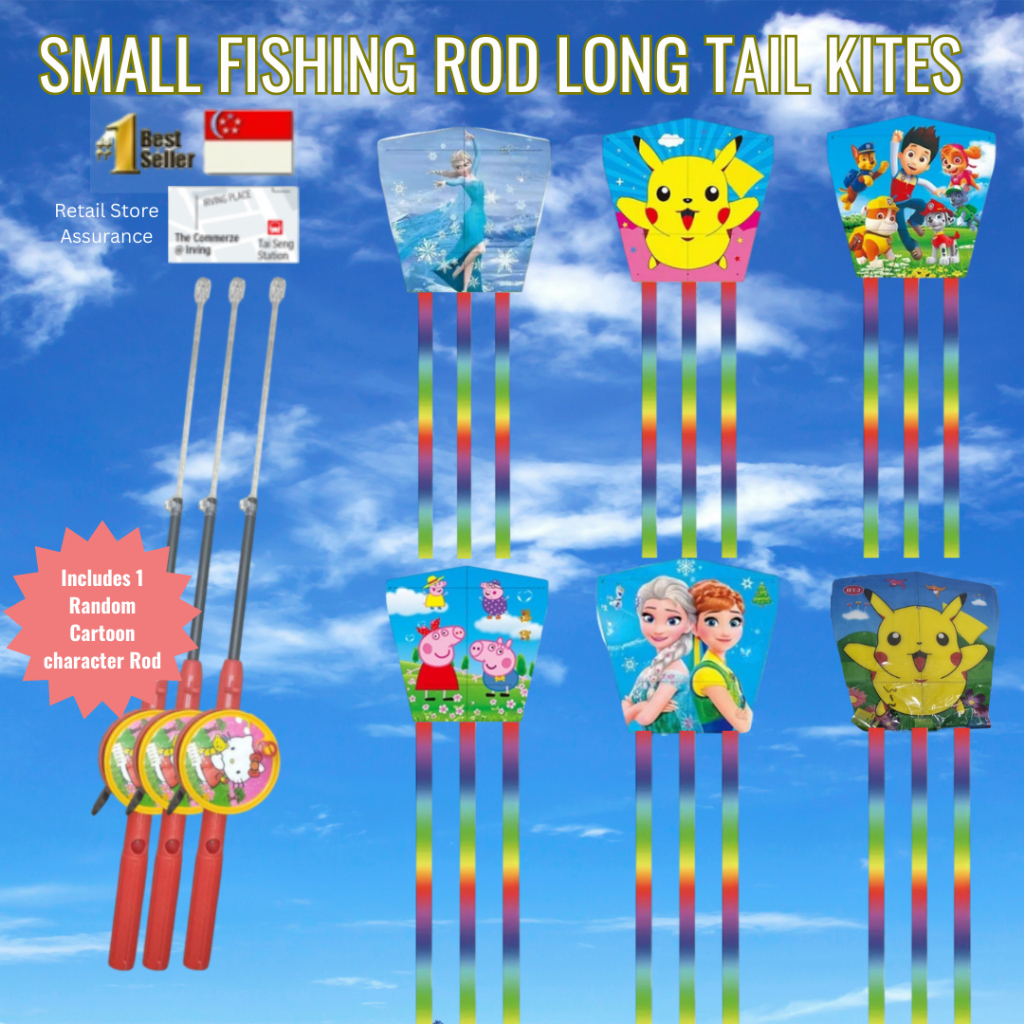 SG Seller Small Plastic Fishing Rod Long Rainbow Tail Kites Playful Kite  Kids' Outdoor Cartoon Characters For Children