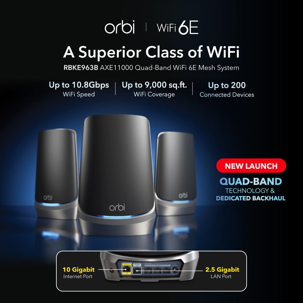 Orbi RBKE963B Quad-Band 3-Pack WiFi 6E Mesh System - AXE11000