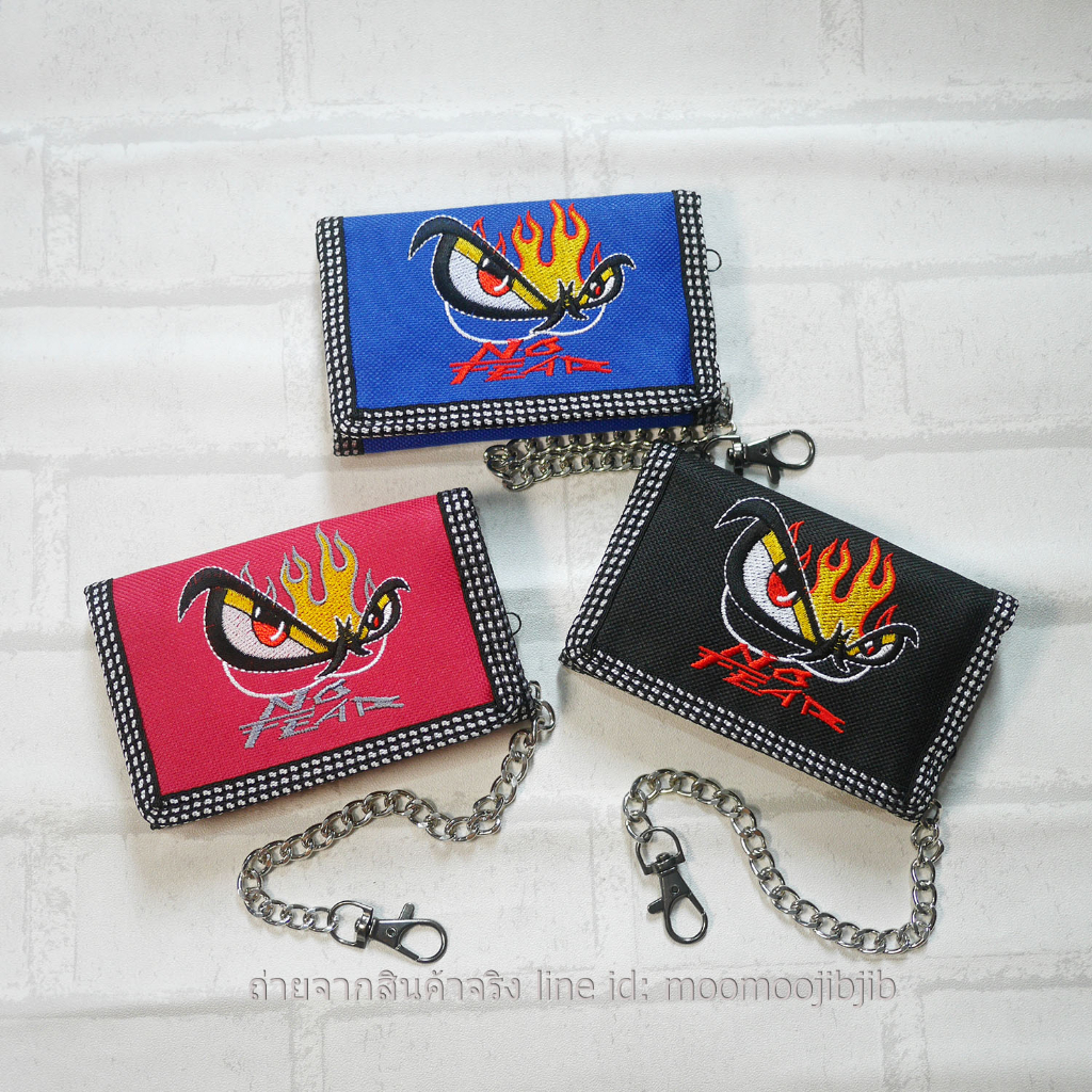 No fear Fire 02 Wallet3 Fold Embossed Embroidery All Silver Chains. Banknote Compartment With Zipper Closure