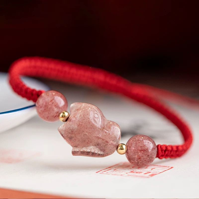 Strawberry Crystal Fox Bracelet-Red String Fengshui Bead