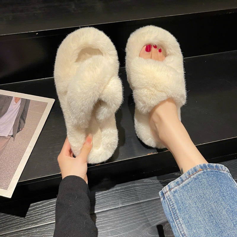 Fur Slippers With High Sole 4cm And Winter Cross Straps For Women